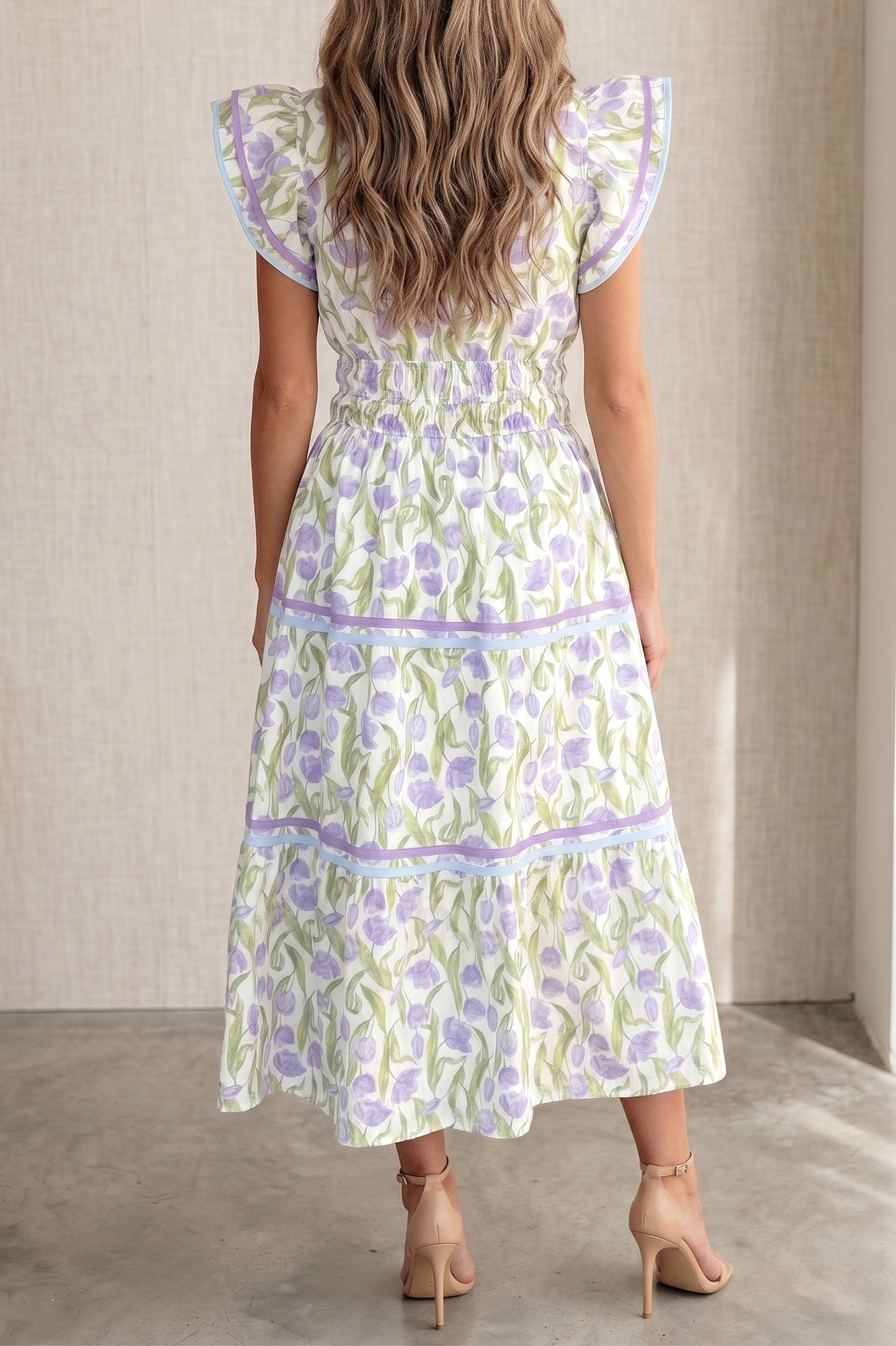 Purple Tulip Floral Print Contrast Trim Midi Dress-TOPS / DRESSES-[Adult]-[Female]-2022 Online Blue Zone Planet