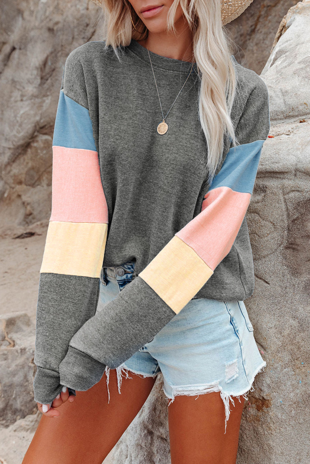 Color Block Round Neck Long Sleeve Sweatshirt-TOPS / DRESSES-[Adult]-[Female]-Gray-S-2022 Online Blue Zone Planet