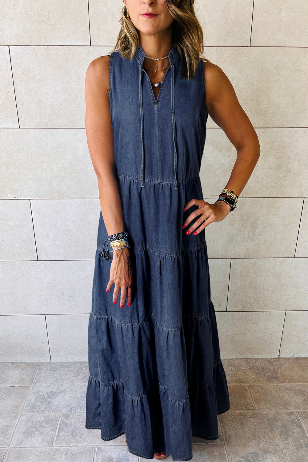 Blue Zone Planet |  Real Teal Sleeveless Tiered Chambray Maxi Dress Blue Zone Planet