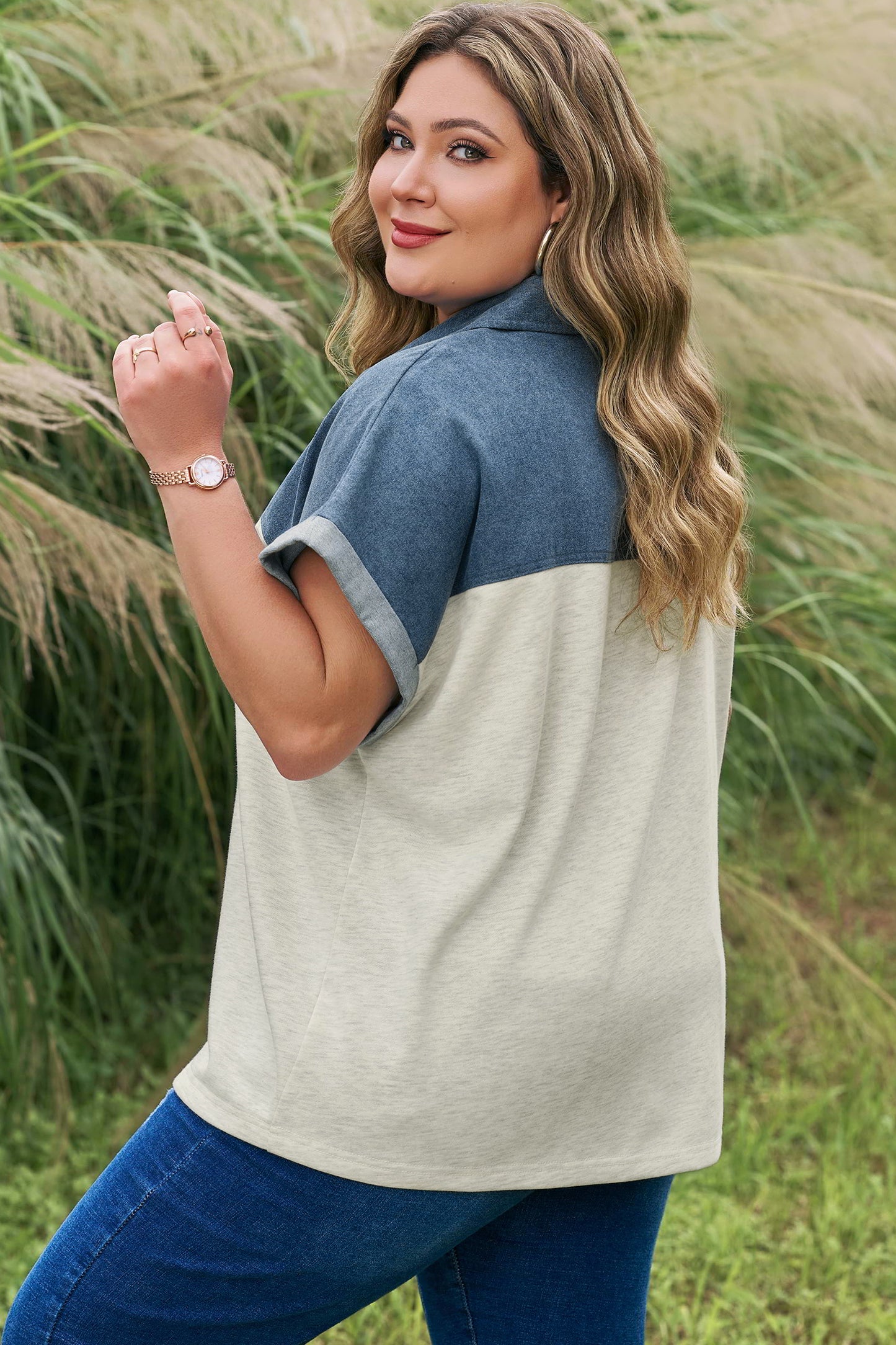 Light Grey Half Buttons Collared Denim Patchwork Plus Short Sleeve Top-Plus Size/Plus Size Tops/Plus Size Blouses & Shirts-[Adult]-[Female]-2022 Online Blue Zone Planet