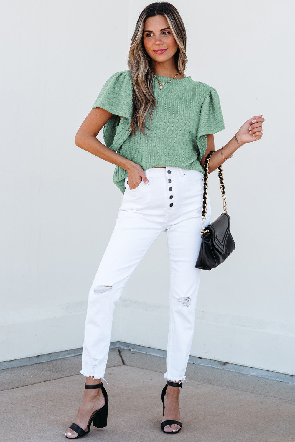 Moonlight Jade Solid Color Textured Flutter Sleeve Top-Tops/Blouses & Shirts-[Adult]-[Female]-2022 Online Blue Zone Planet