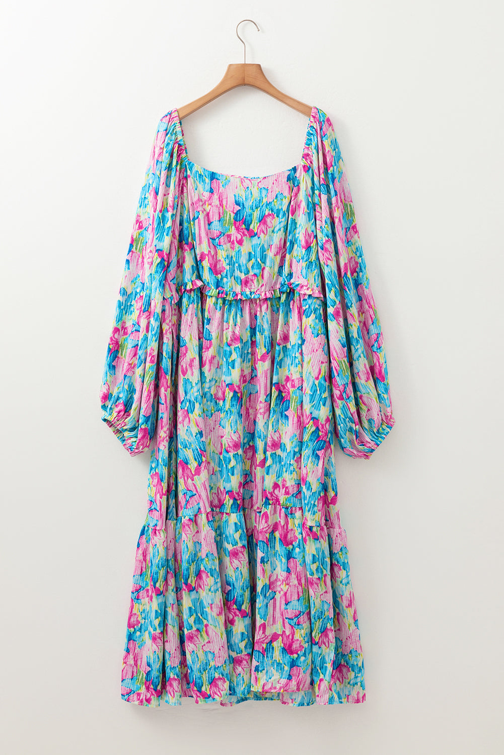 Blue Zone Planet | Sky Blue Floral Allover Print Shirred Square Neck Plus Size Maxi Dress-TOPS / DRESSES-[Adult]-[Female]-2022 Online Blue Zone Planet