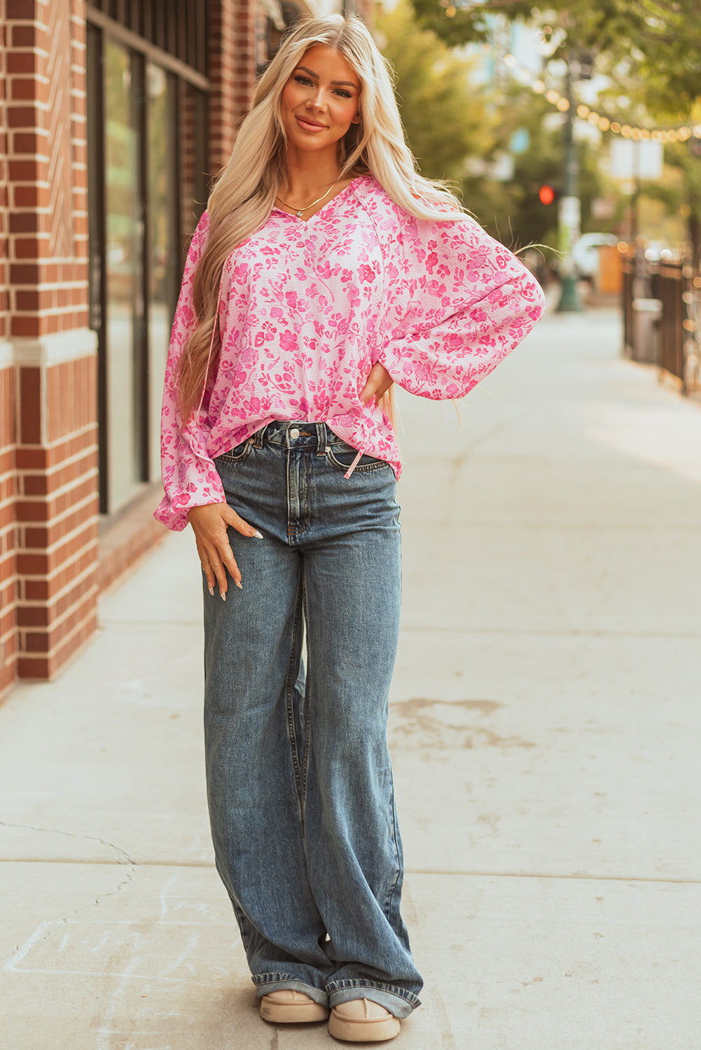 Pink Floral Puff Sleeve Split Neck Lightweight Blouse-Tops/Blouses & Shirts-[Adult]-[Female]-2022 Online Blue Zone Planet