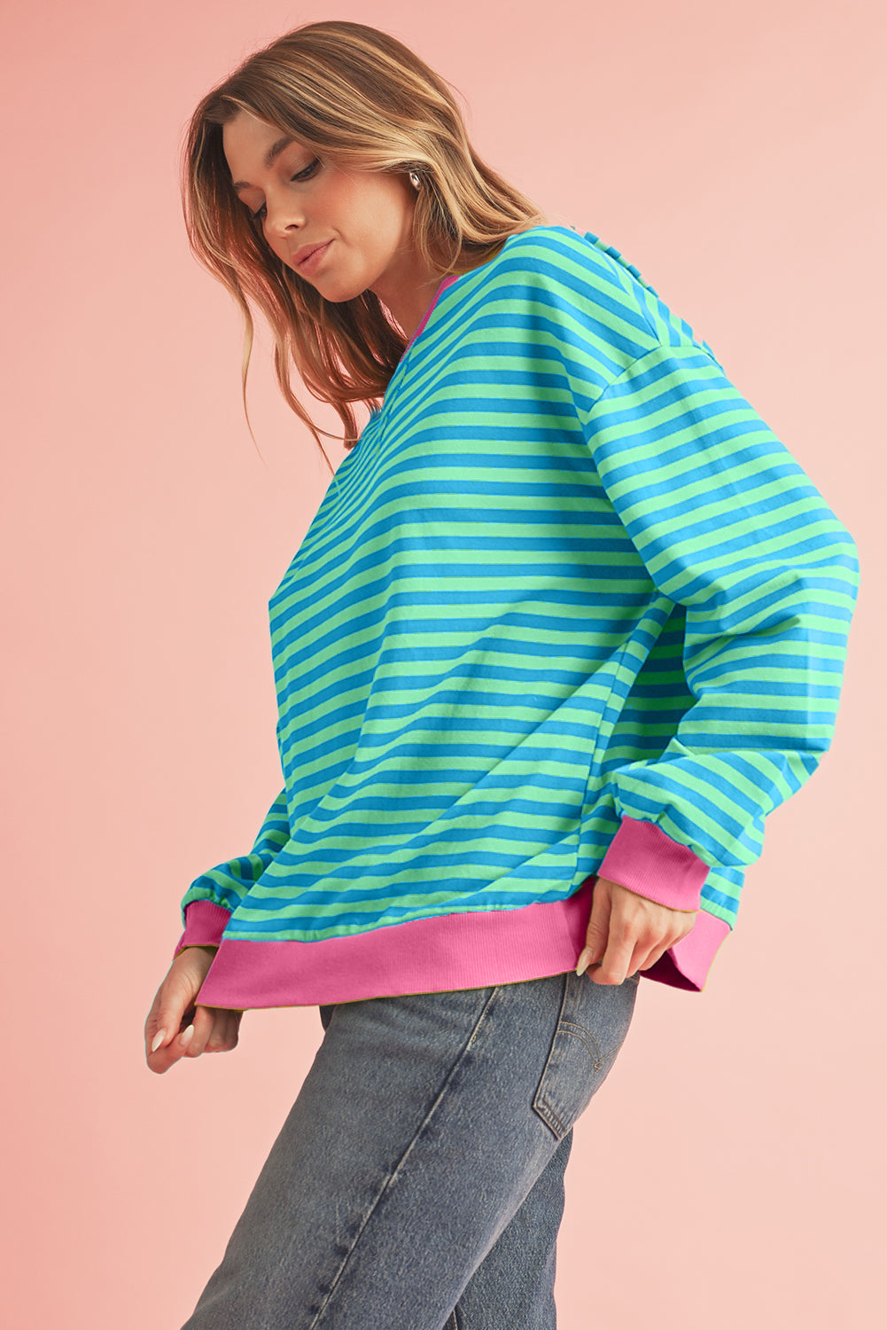 Black Stripe Contrast Edge Cross Seam Oversized Sweatshirt-Sweatshirts & Hoodies-[Adult]-[Female]-2022 Online Blue Zone Planet