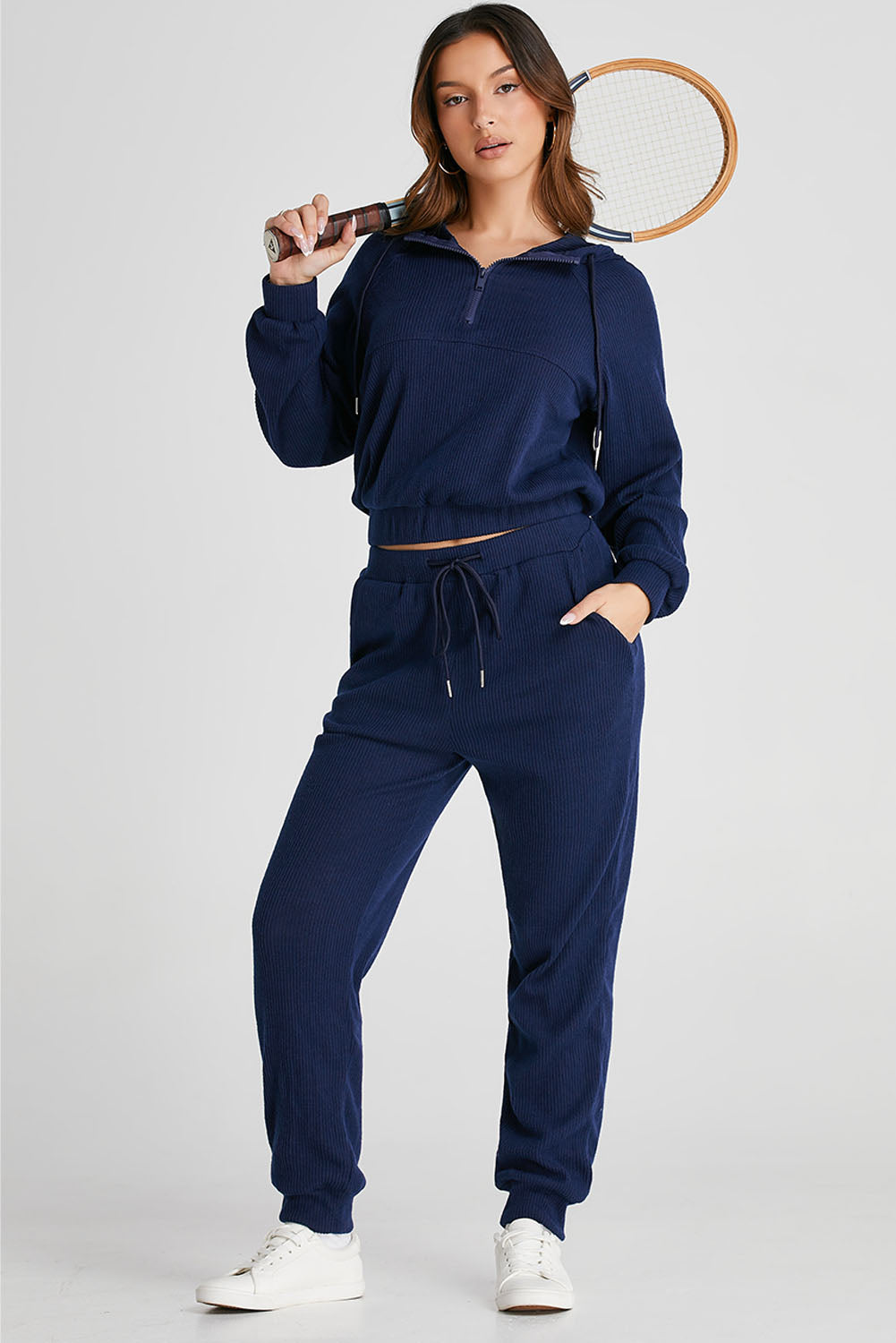 Drawstring Half Zip Hoodie and Joggers Active Set-HOODIES-[Adult]-[Female]-2022 Online Blue Zone Planet