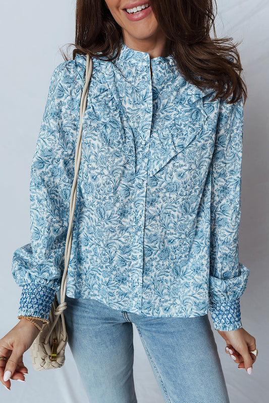 Sky Blue All Over Floral Puff Sleeve Shirt-Tops/Blouses & Shirts-[Adult]-[Female]-Sky Blue-S-2022 Online Blue Zone Planet