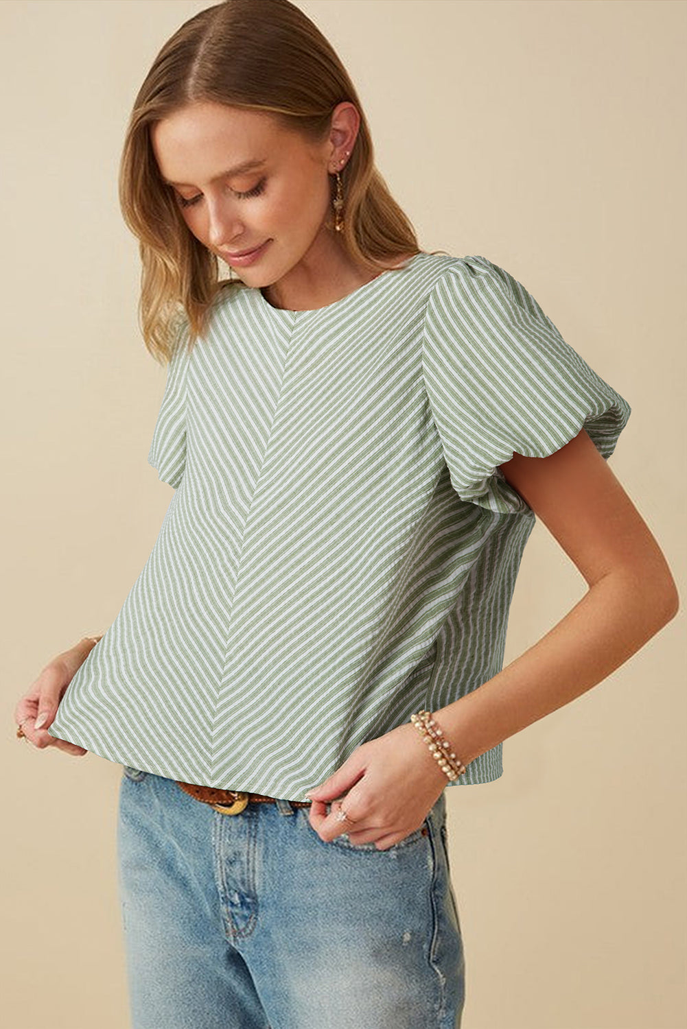 Green Stripe Textured Round Neck Short Puff Sleeve Blouse-Tops/Blouses & Shirts-[Adult]-[Female]-2022 Online Blue Zone Planet