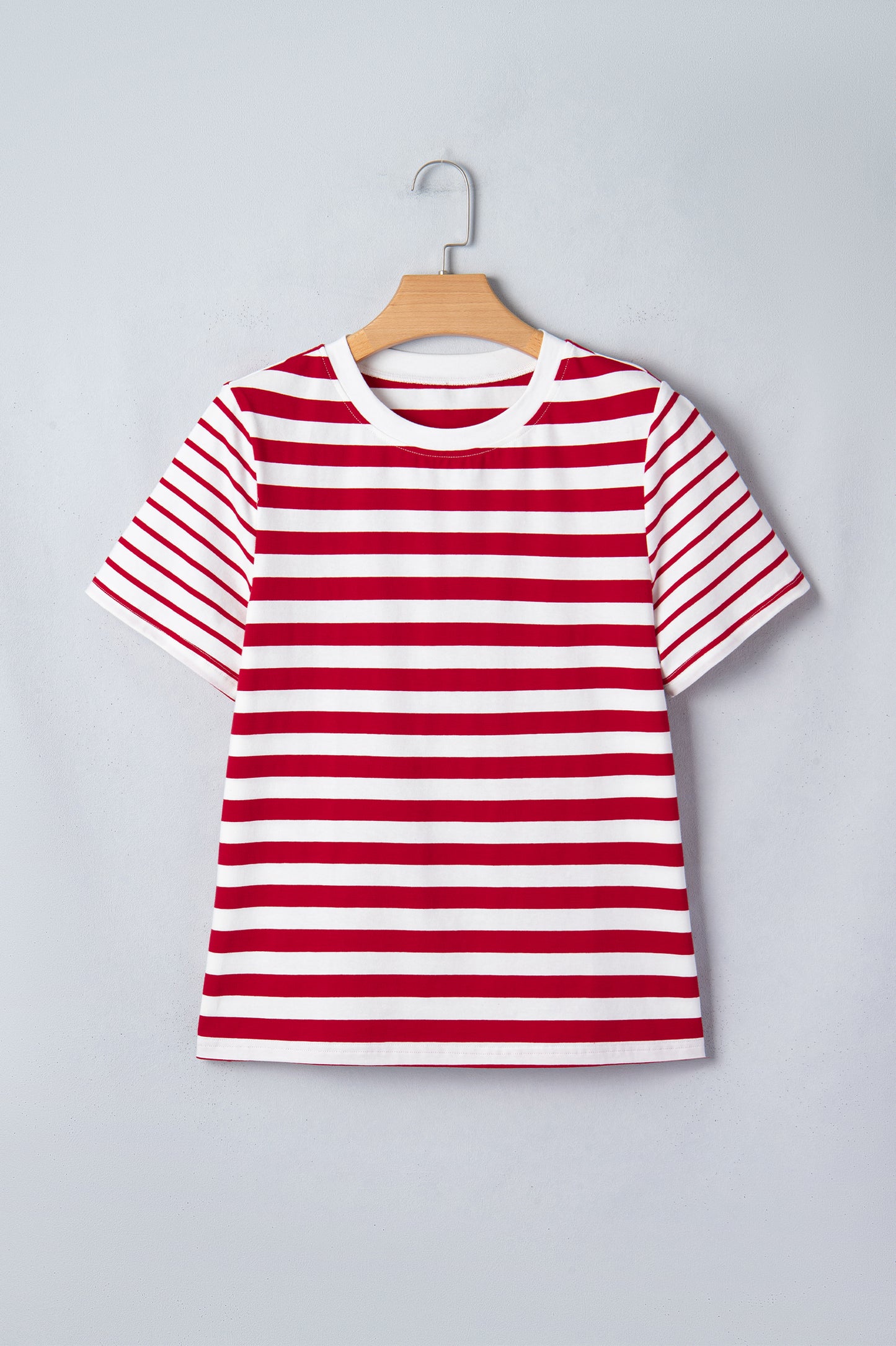 Red Stripe Patchwork Round Neck T Shirt-Tops/Tops & Tees-[Adult]-[Female]-2022 Online Blue Zone Planet