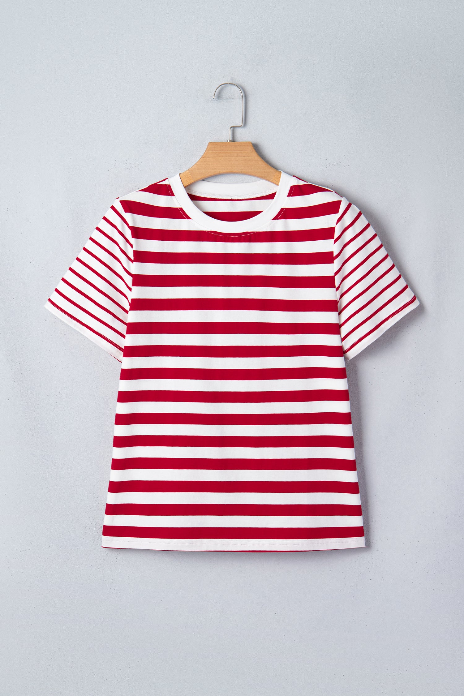 Red Stripe Patchwork Round Neck T Shirt-Tops/Tops & Tees-[Adult]-[Female]-2022 Online Blue Zone Planet
