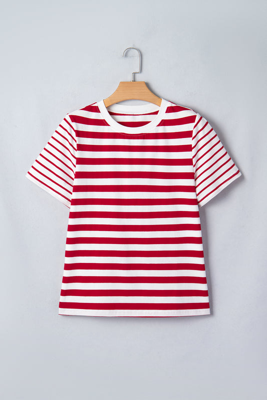 Red Stripe Patchwork Round Neck T Shirt-Tops/Tops & Tees-[Adult]-[Female]-2022 Online Blue Zone Planet