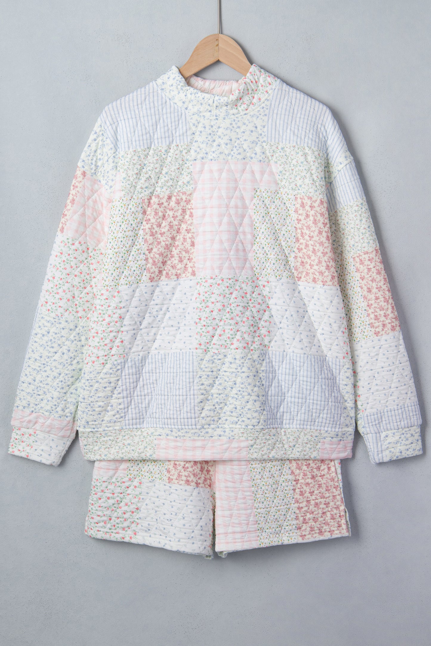 Multicolour Floral Quilted Mock Neck Top and Short Set-Two Piece Sets/Short Sets-[Adult]-[Female]-2022 Online Blue Zone Planet