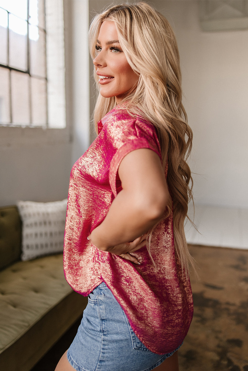 Rose Red Metallic Sheen Short Sleeve Buttoned Front Casual Shirt-Tops/Blouses & Shirts-[Adult]-[Female]-2022 Online Blue Zone Planet