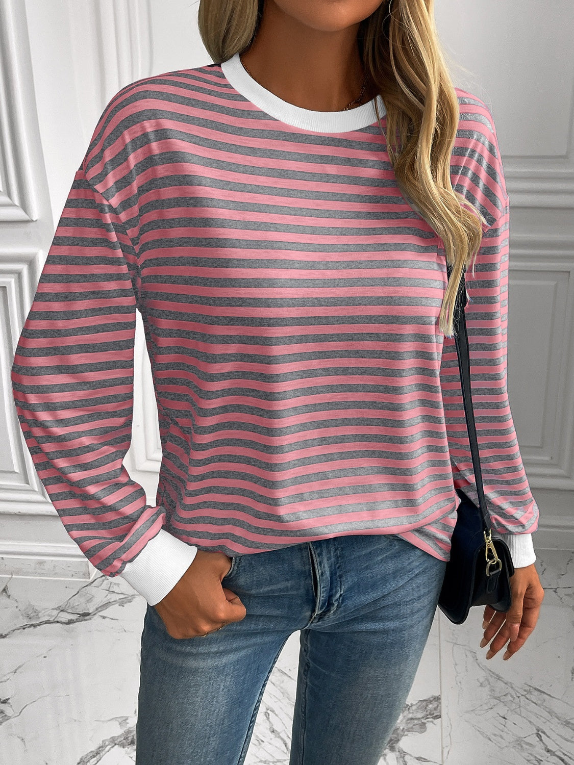 Ivy Lane Striped Round Neck Long Sleeve Sweatshirt-TOPS / DRESSES-[Adult]-[Female]-Dusty Pink-S-2022 Online Blue Zone Planet