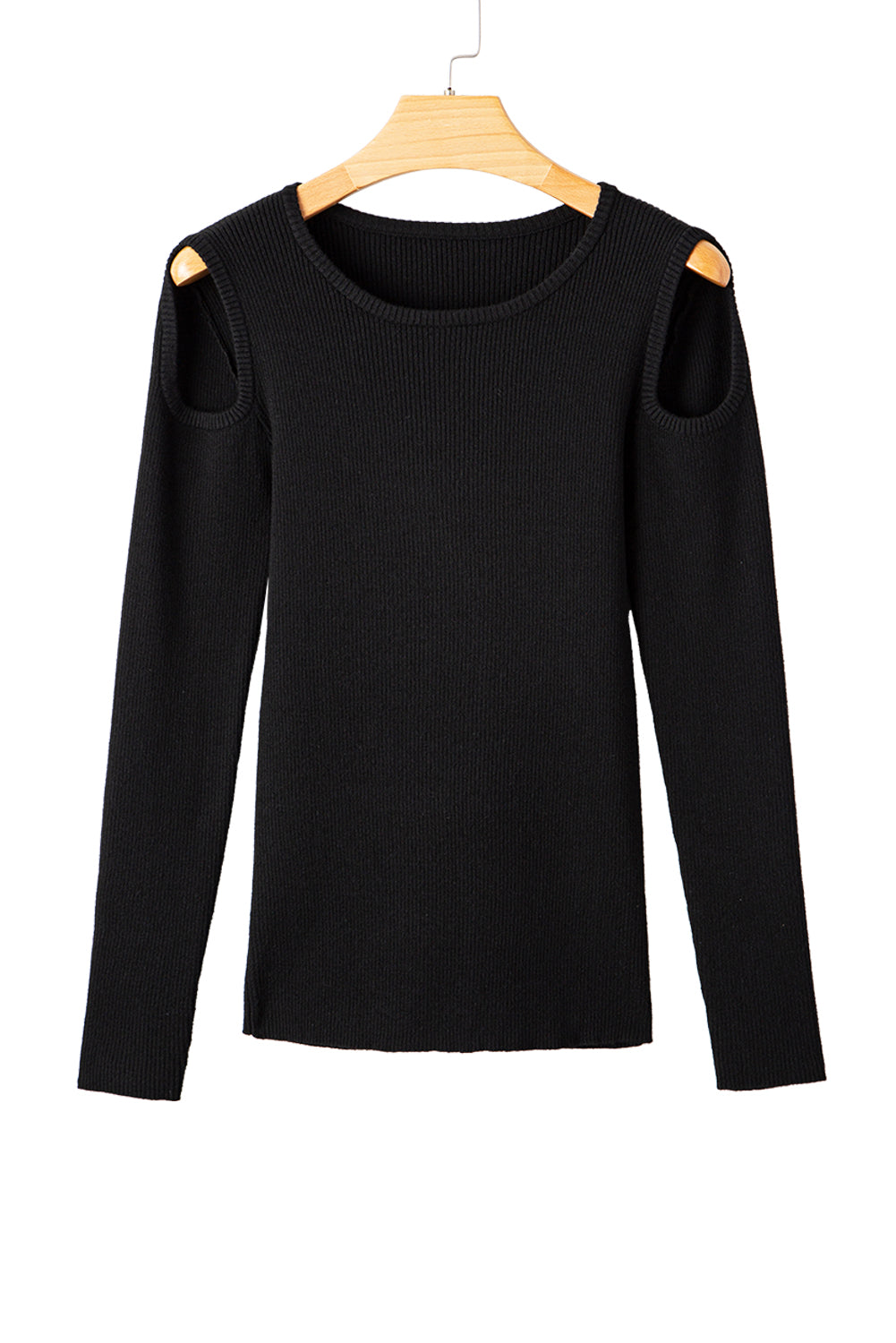 Black Ribbed Knit Cold Shoulder Sweater-TOPS / DRESSES-[Adult]-[Female]-2022 Online Blue Zone Planet