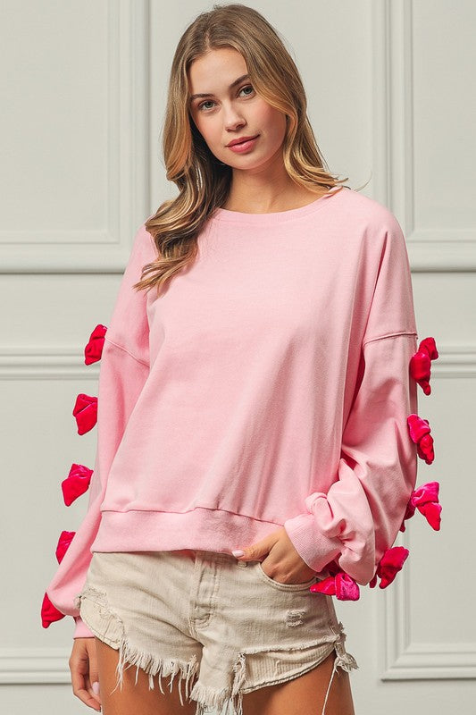 Blue Zone Planet | BiBi Velvet Ribbon Bows Long Sleeve Round Neck Sweatshirt-TOPS / DRESSES-[Adult]-[Female]-Pink-S-2022 Online Blue Zone Planet