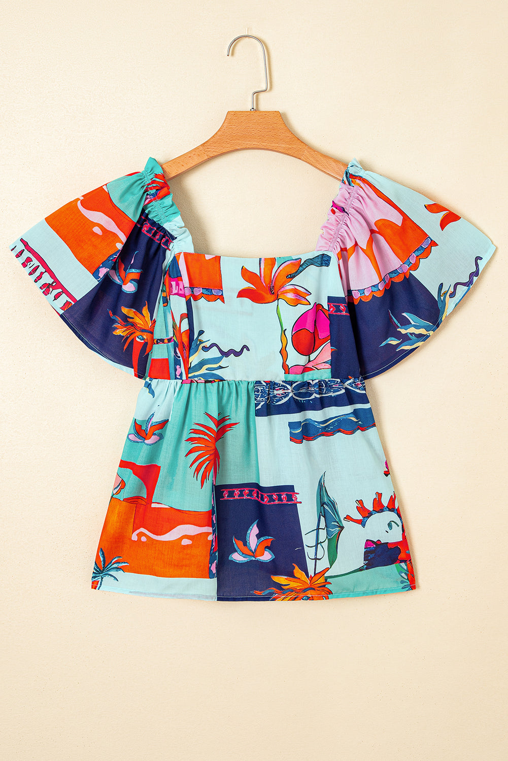 Sky Blue Tropical Printed Square Neck Flutter Sleeve Babydoll Blouse-Tops/Blouses & Shirts-[Adult]-[Female]-2022 Online Blue Zone Planet