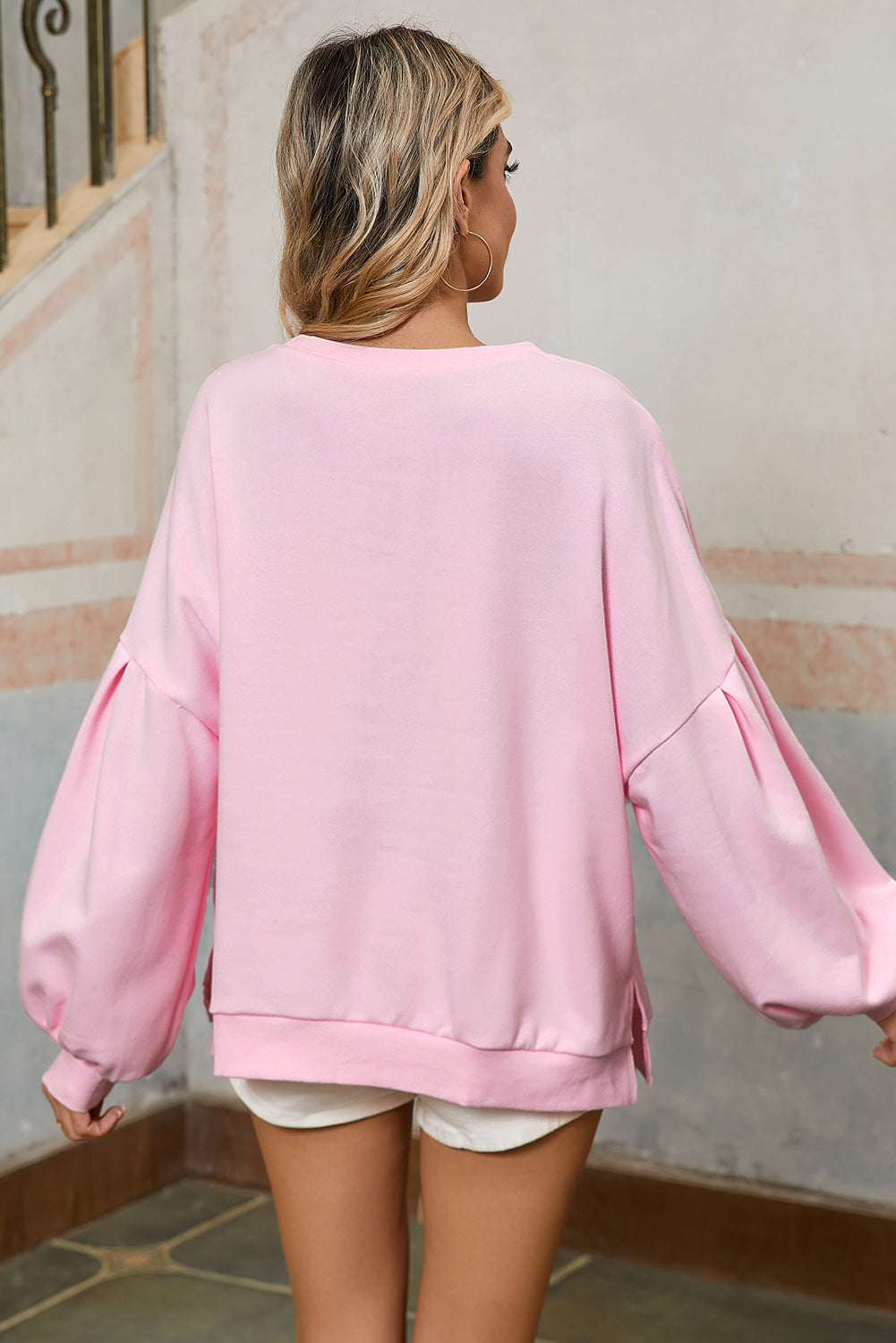 Light Pink Sweet Bow Lantern Sleeve Oversized Pullover Sweatshirt-30% OFF-[Adult]-[Female]-2022 Online Blue Zone Planet