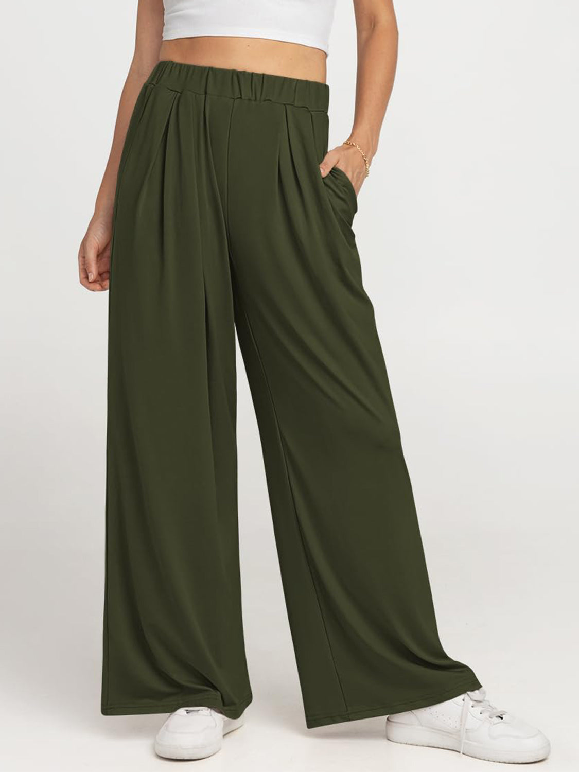 Elastic Waist Wide Leg Pants-BOTTOMS SIZES SMALL MEDIUM LARGE-[Adult]-[Female]-Army Green-XS-2022 Online Blue Zone Planet