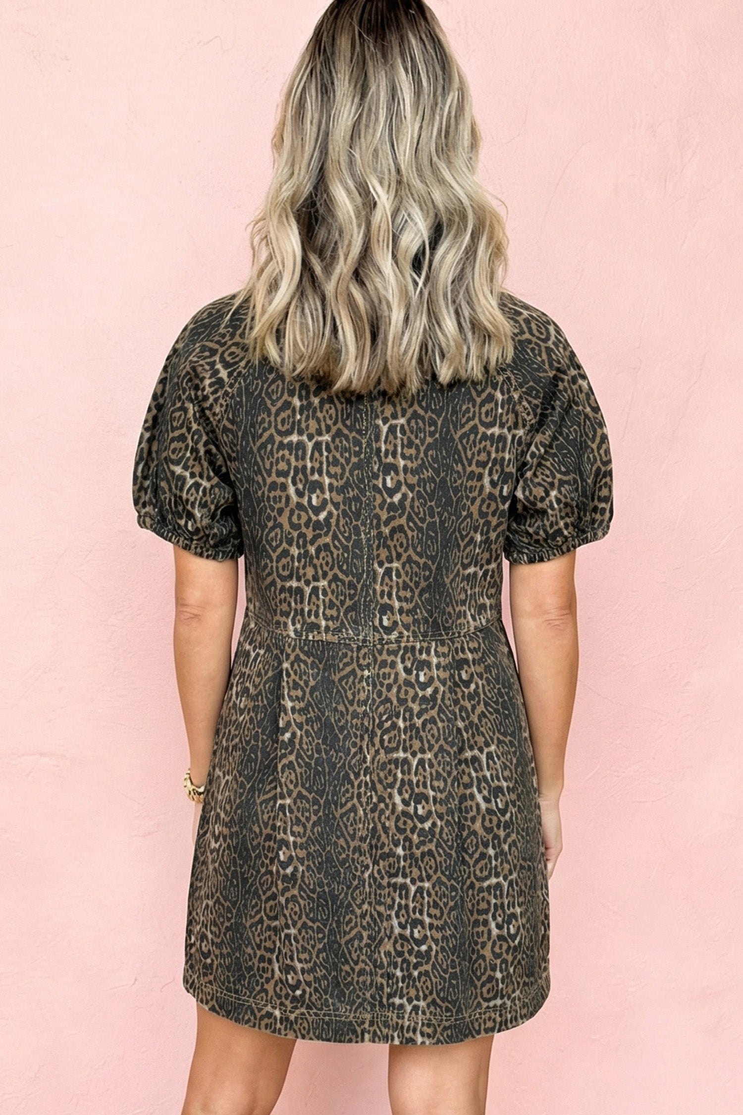 Gray Leopard Print Short Sleeve Pleated Denim Mini Dress-Dresses/Mini Dresses-[Adult]-[Female]-2022 Online Blue Zone Planet