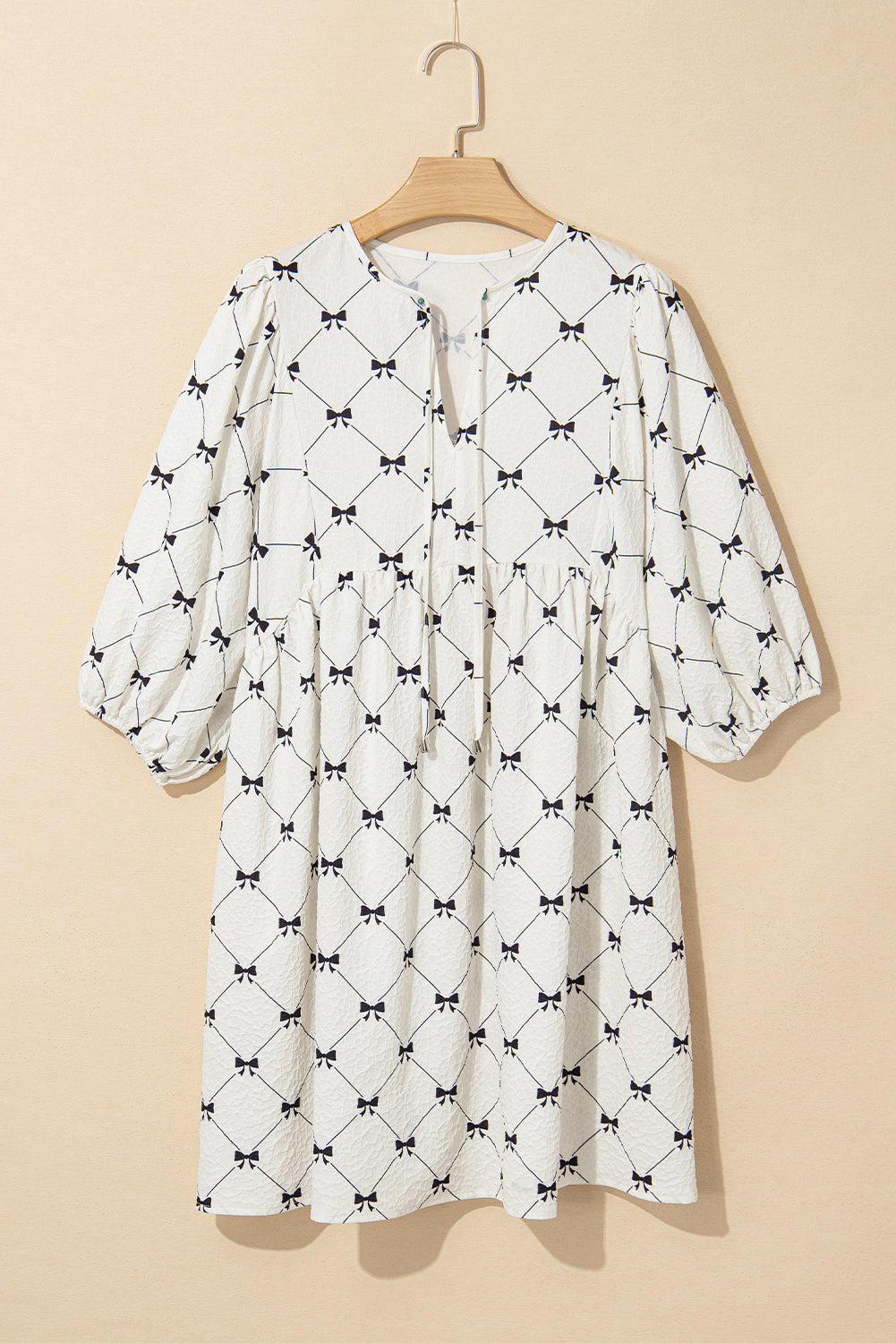 White Bowtie Pattern Textured Puff Half Sleeve Loose Mini Dress-TOPS / DRESSES-[Adult]-[Female]-2022 Online Blue Zone Planet
