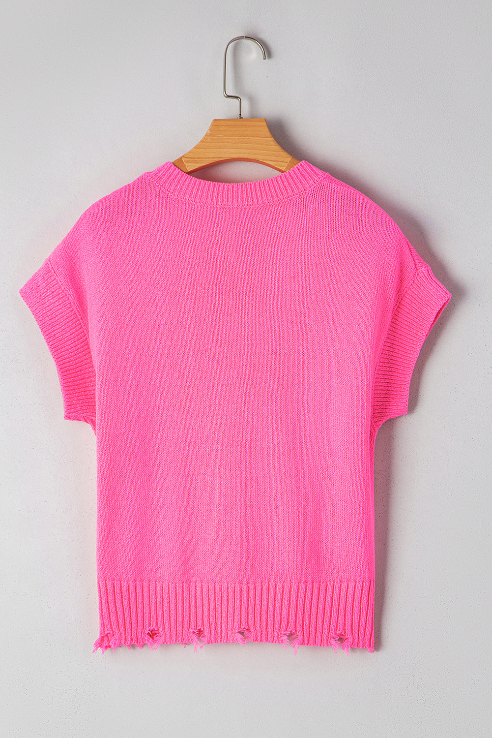 Bright Pink Distressed Hem Short Sleeve Knitted Button Front Sweater-TOPS / DRESSES-[Adult]-[Female]-2022 Online Blue Zone Planet