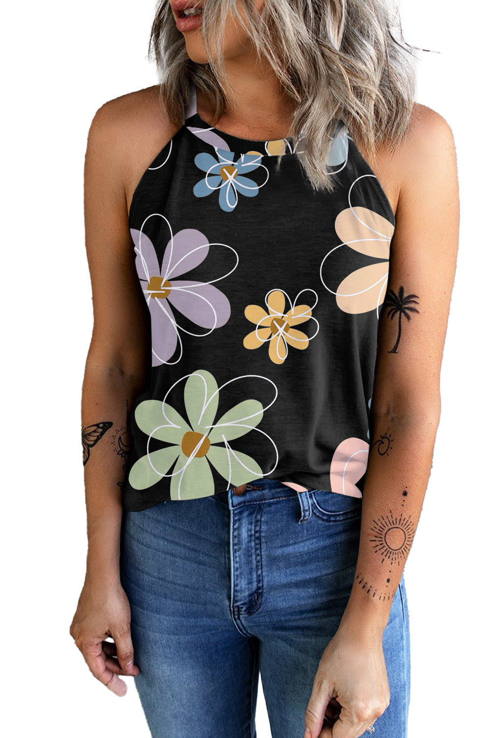 Blue Zone Planet |  Black Sweet Floral Tank Top Blue Zone Planet