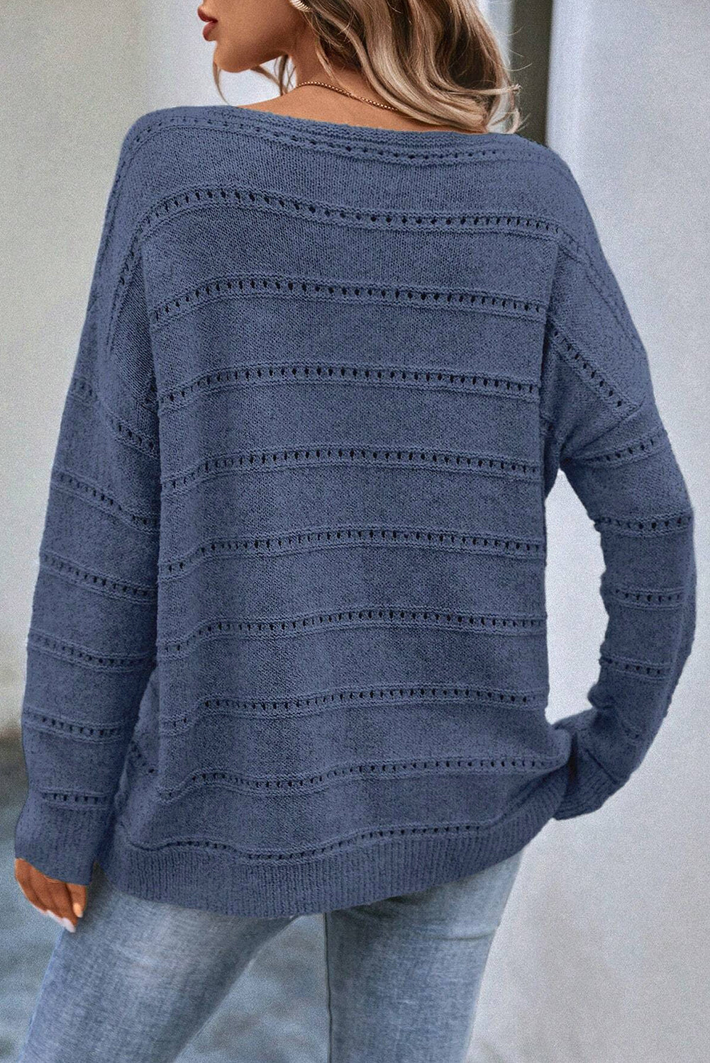 Pale Khaki Boat Neck Drop Shoulder Pointelle Knit Sweater-Sweaters & Cardigans/Sweaters-[Adult]-[Female]-2022 Online Blue Zone Planet