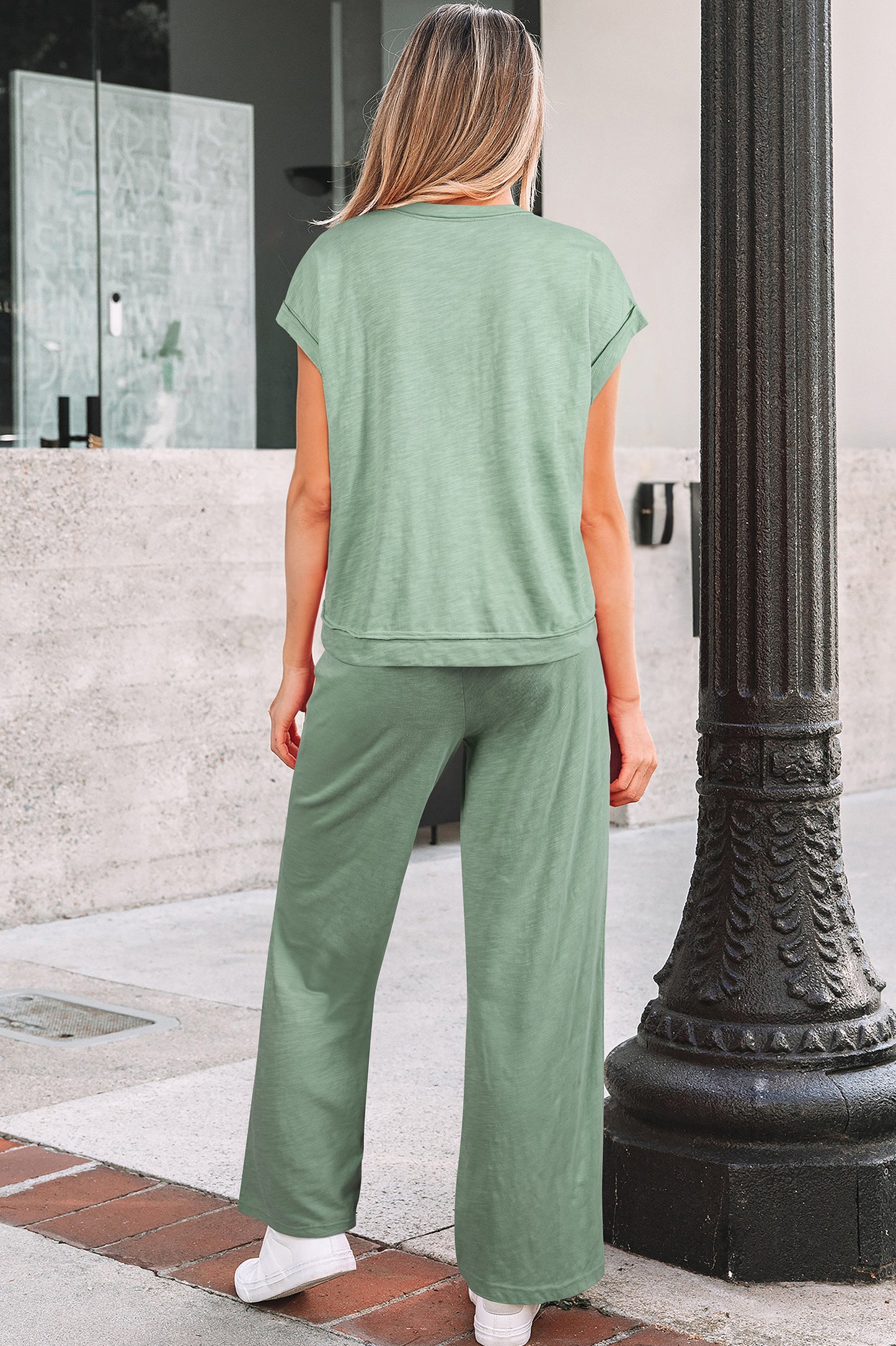 Canton Cuffed Short Sleeve Tee Raw Seam Patch Pocket Drawstring Pants Set-Two Piece Sets/Pant Sets-[Adult]-[Female]-2022 Online Blue Zone Planet