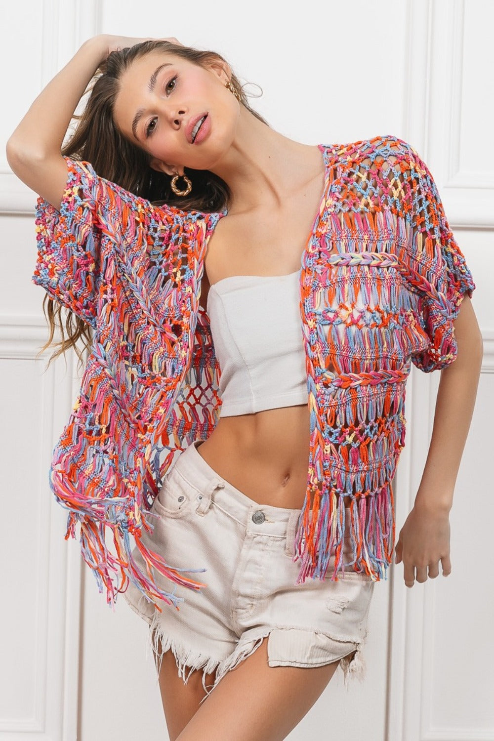 BiBi Open Front Fringed Crop Knit Cardigan-TOPS / DRESSES-[Adult]-[Female]-2022 Online Blue Zone Planet