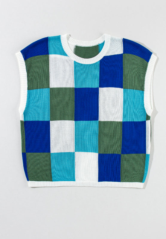 Blue Zone Planet | Contrast Plaid Round Neck Cap Sleeve Sweater-TOPS / DRESSES-[Adult]-[Female]-2022 Online Blue Zone Planet