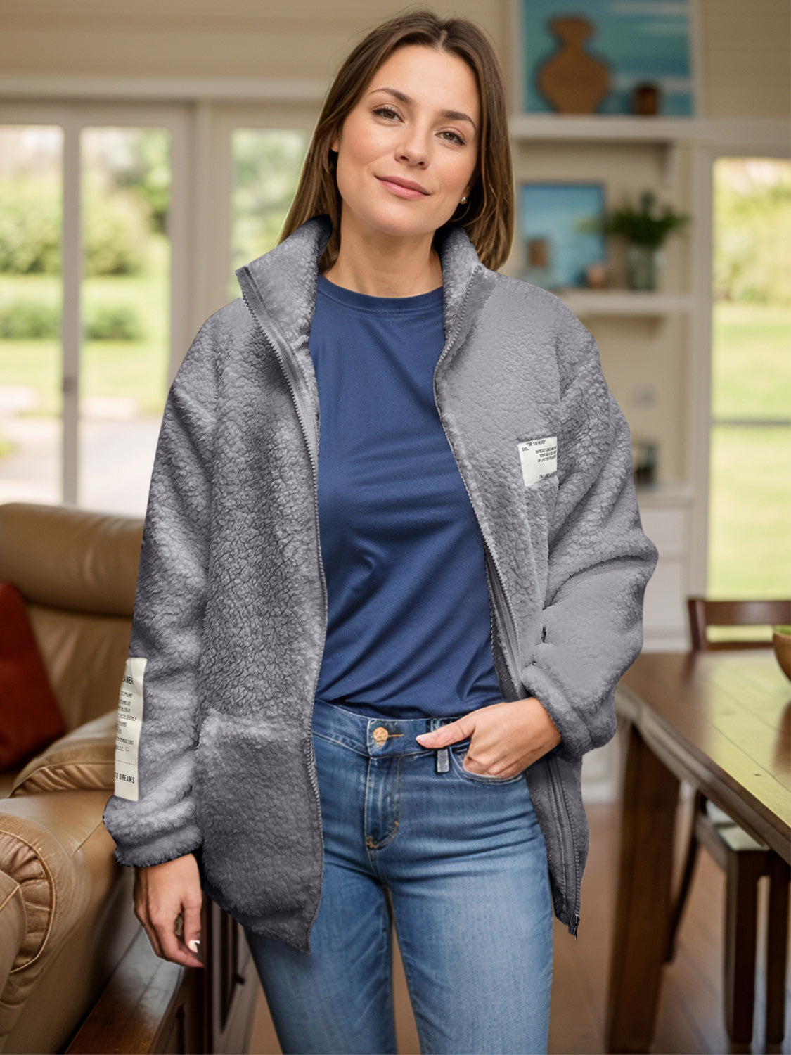 Full Size Turtleneck Zip Up Long Sleeve Sherpa Jacket-TOPS / DRESSES-[Adult]-[Female]-Dark Gray-S-2022 Online Blue Zone Planet