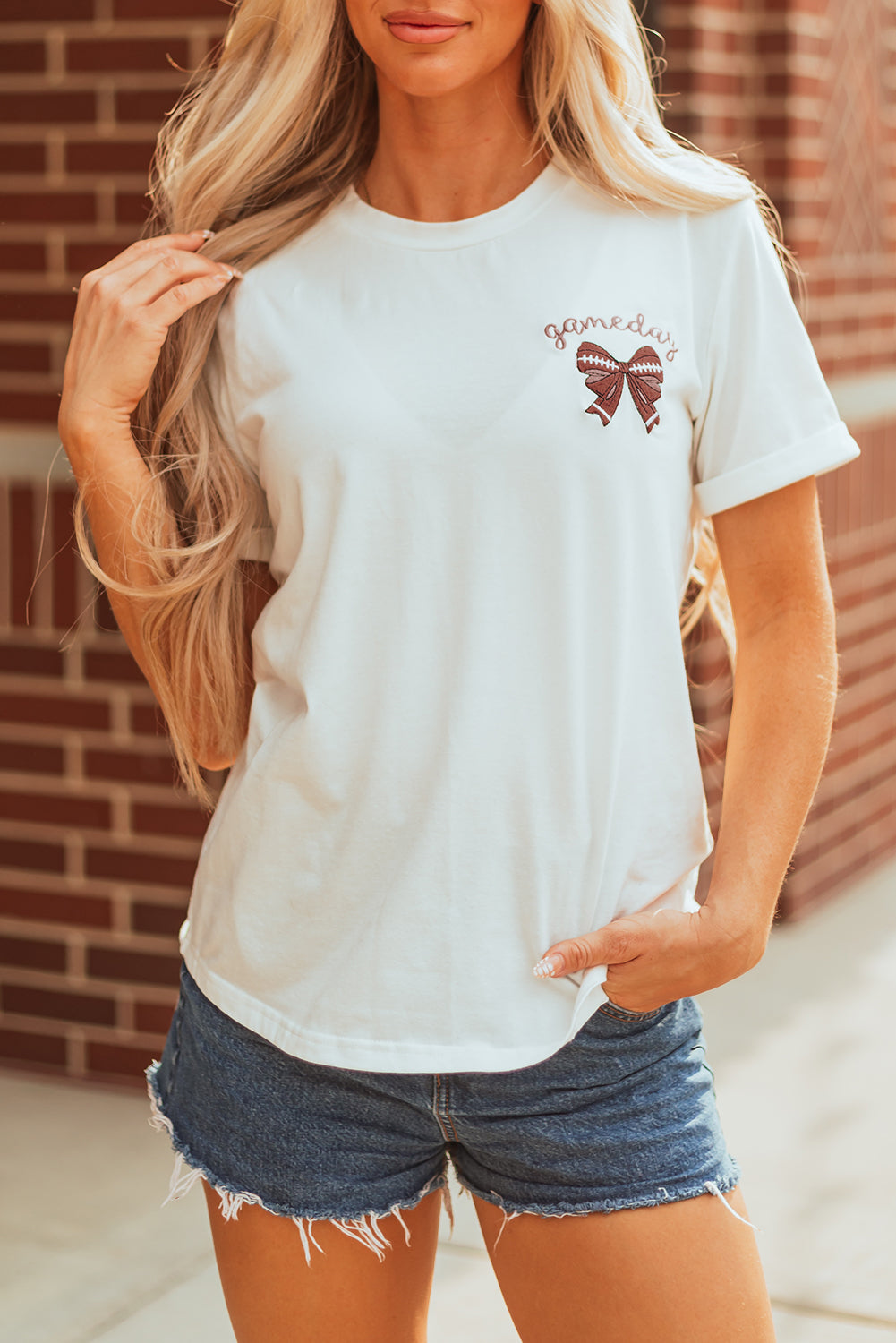 White Game Day Bowknot Embroidered Graphic Casual Tee-Graphic/Graphic Tees-[Adult]-[Female]-2022 Online Blue Zone Planet