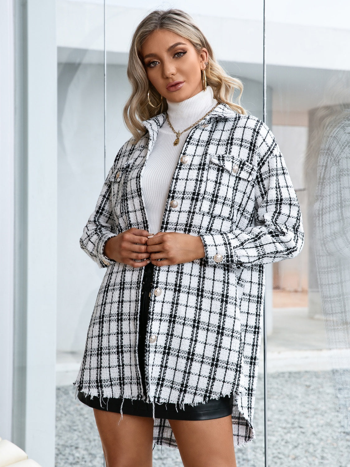 Plaid Pocketed Button Up Dropped Shoulder Jacket-TOPS / DRESSES-[Adult]-[Female]-White-S-2022 Online Blue Zone Planet