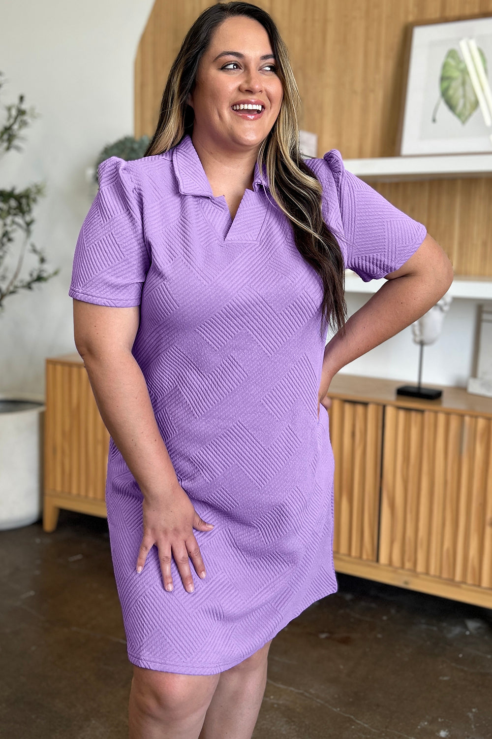 Blue Zone Planet | Double Take Full Size Texture Collared Neck Short Sleeve Dress-TOPS / DRESSES-[Adult]-[Female]-Lavender-S-2022 Online Blue Zone Planet