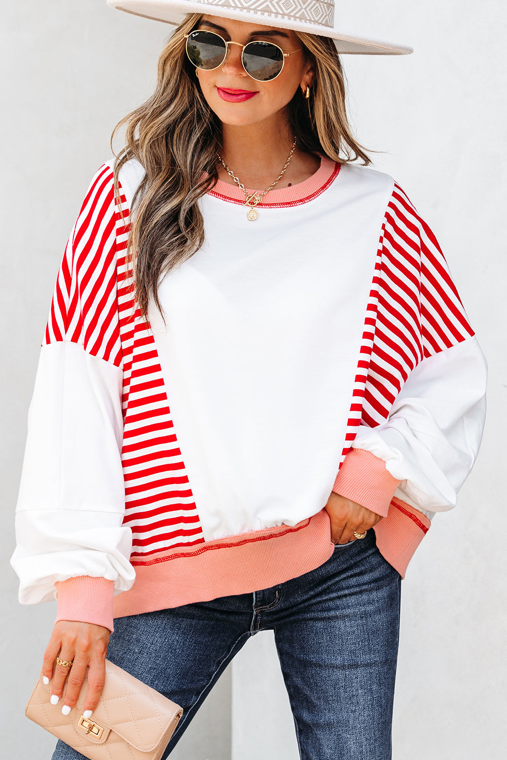 Red Stripe Colorblock Patchwork Contrast Stitching Oversize Sweatshirt-Tops/Sweatshirts & Hoodies-[Adult]-[Female]-2022 Online Blue Zone Planet
