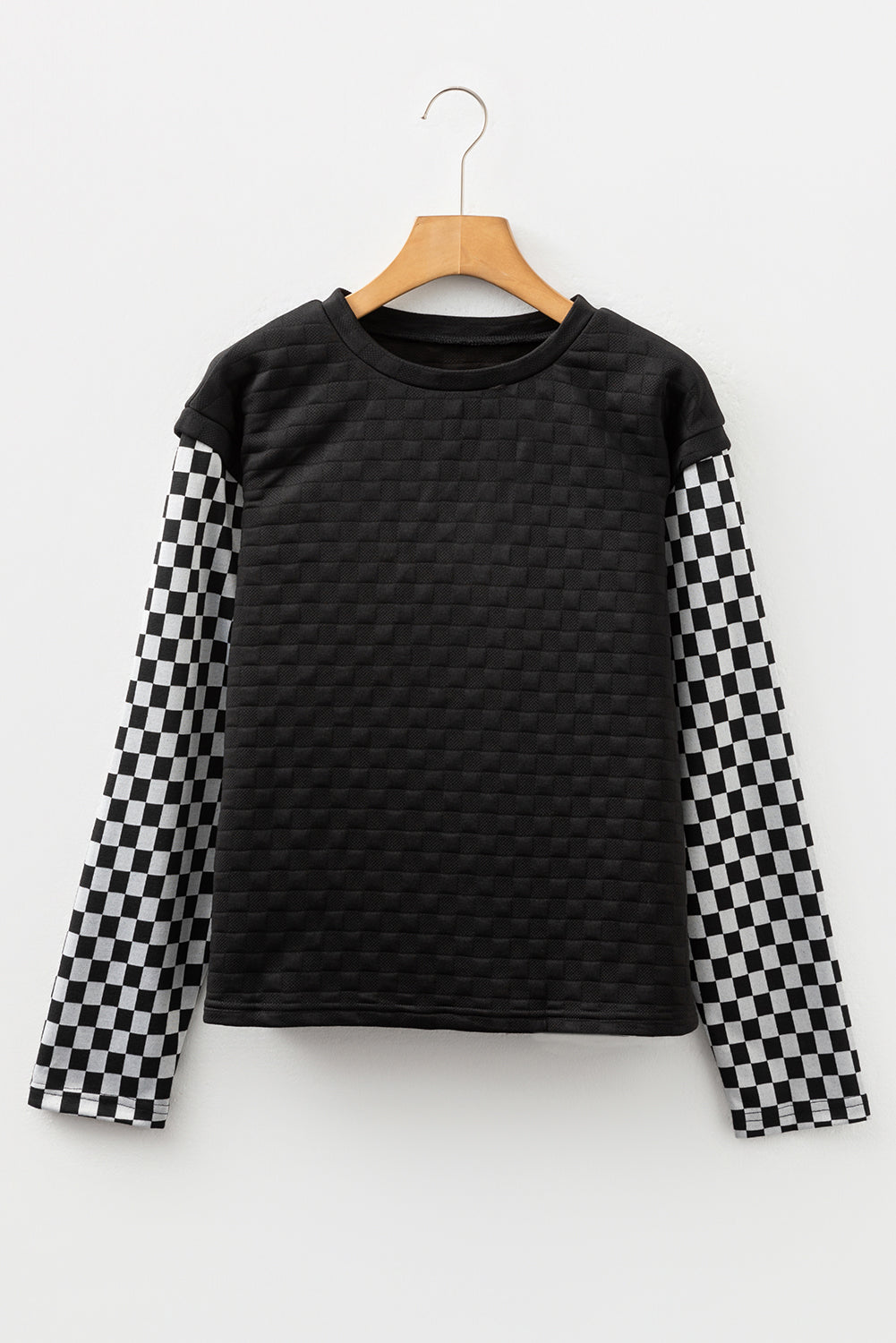 Black Plaid Textured Contrast Checkered Patchwork Long Sleeve Top-Tops/Long Sleeve Tops-[Adult]-[Female]-2022 Online Blue Zone Planet
