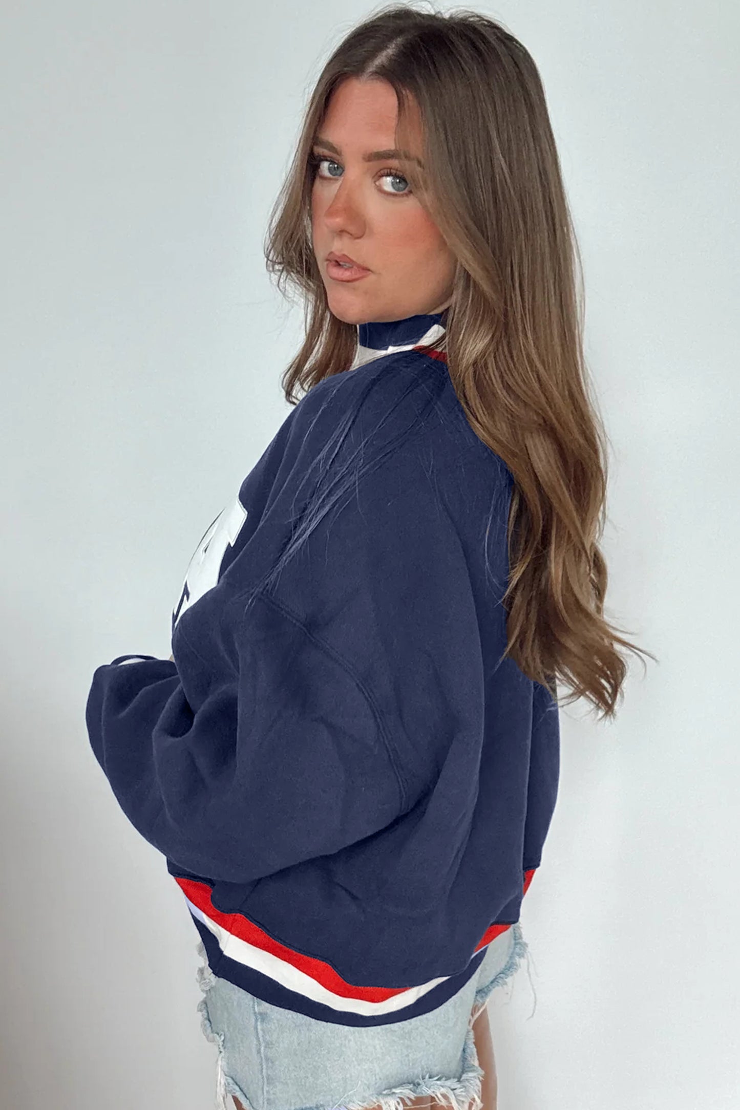 Dirty blue USA Slogan Patch Embroidery Colorblock High Neck Long Sleeve Sweatshirt-Tops/Sweatshirts & Hoodies-[Adult]-[Female]-2022 Online Blue Zone Planet
