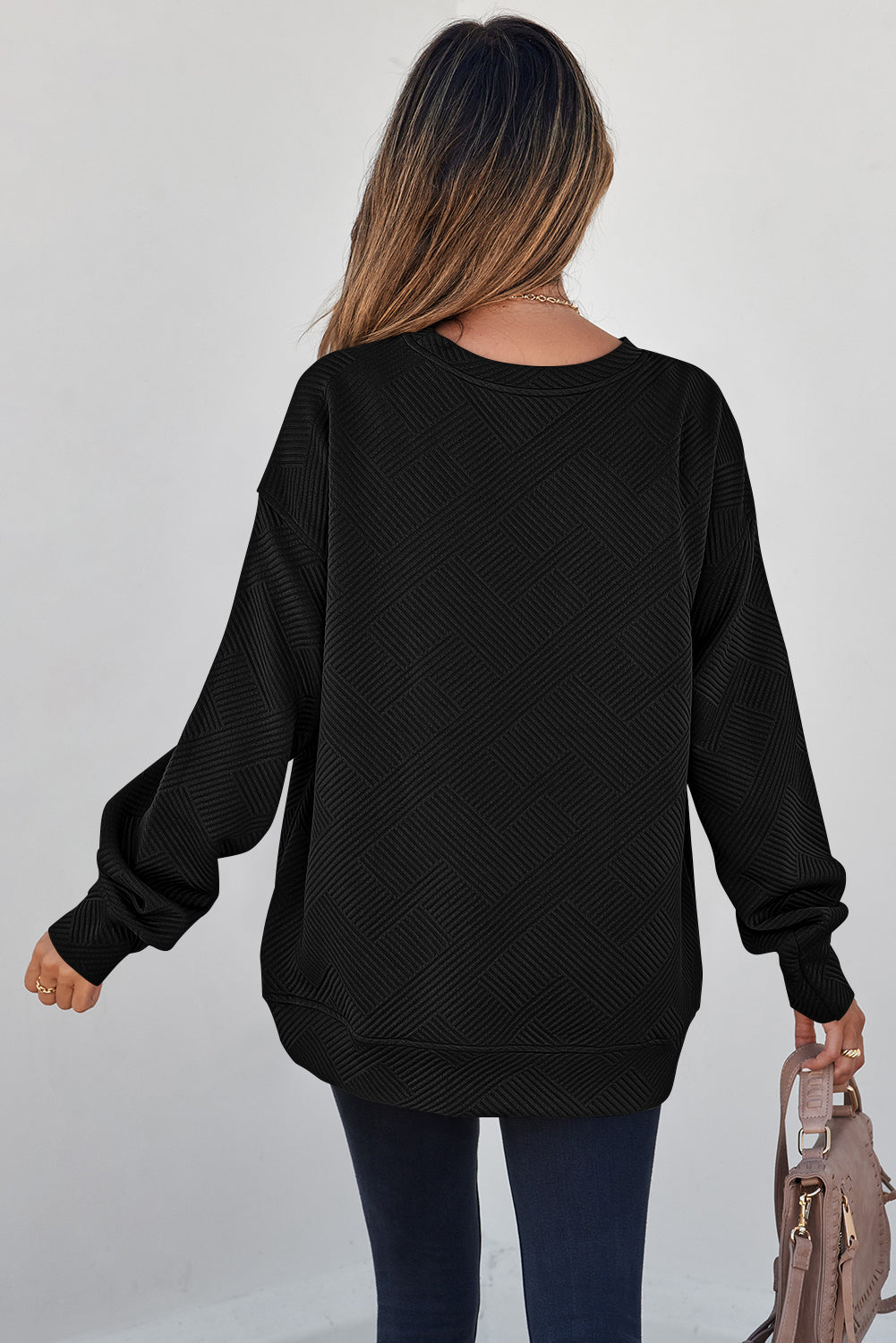 White Solid Color Textured Round Neck Drop Shoulder Pullover Sweatshirt
