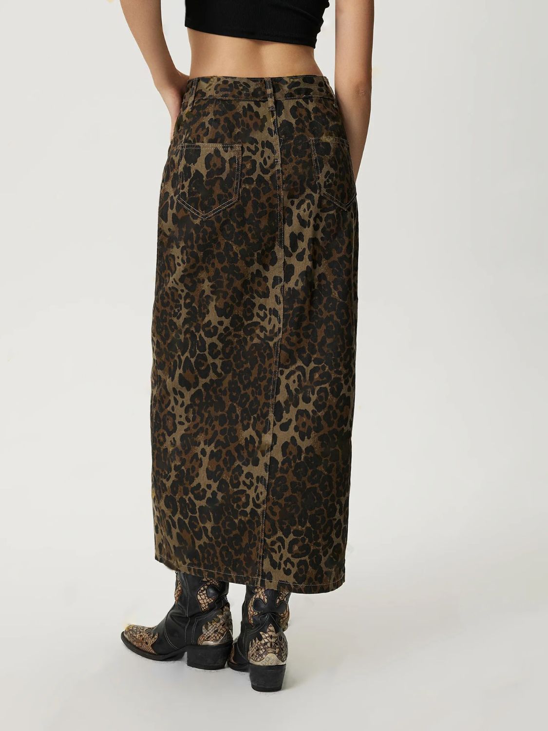 Leopard Button Up Denim Skirt-BOTTOMS SIZES SMALL MEDIUM LARGE-[Adult]-[Female]-2022 Online Blue Zone Planet