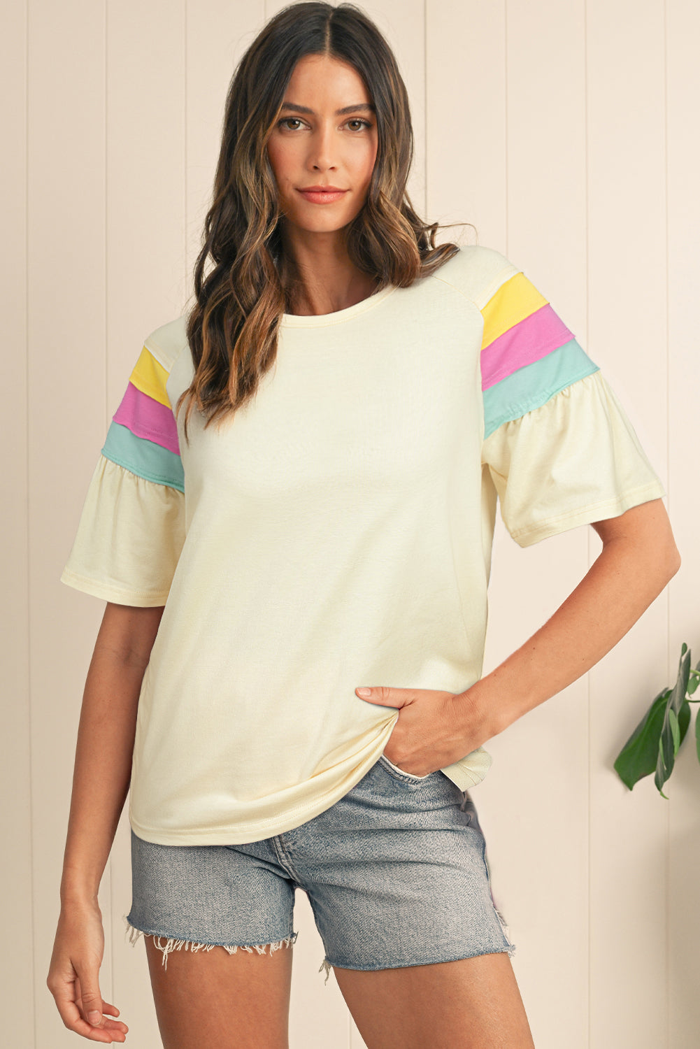 White Color Block Stitched Sleeve Loose T Shirt-Tops/Tops & Tees-[Adult]-[Female]-2022 Online Blue Zone Planet