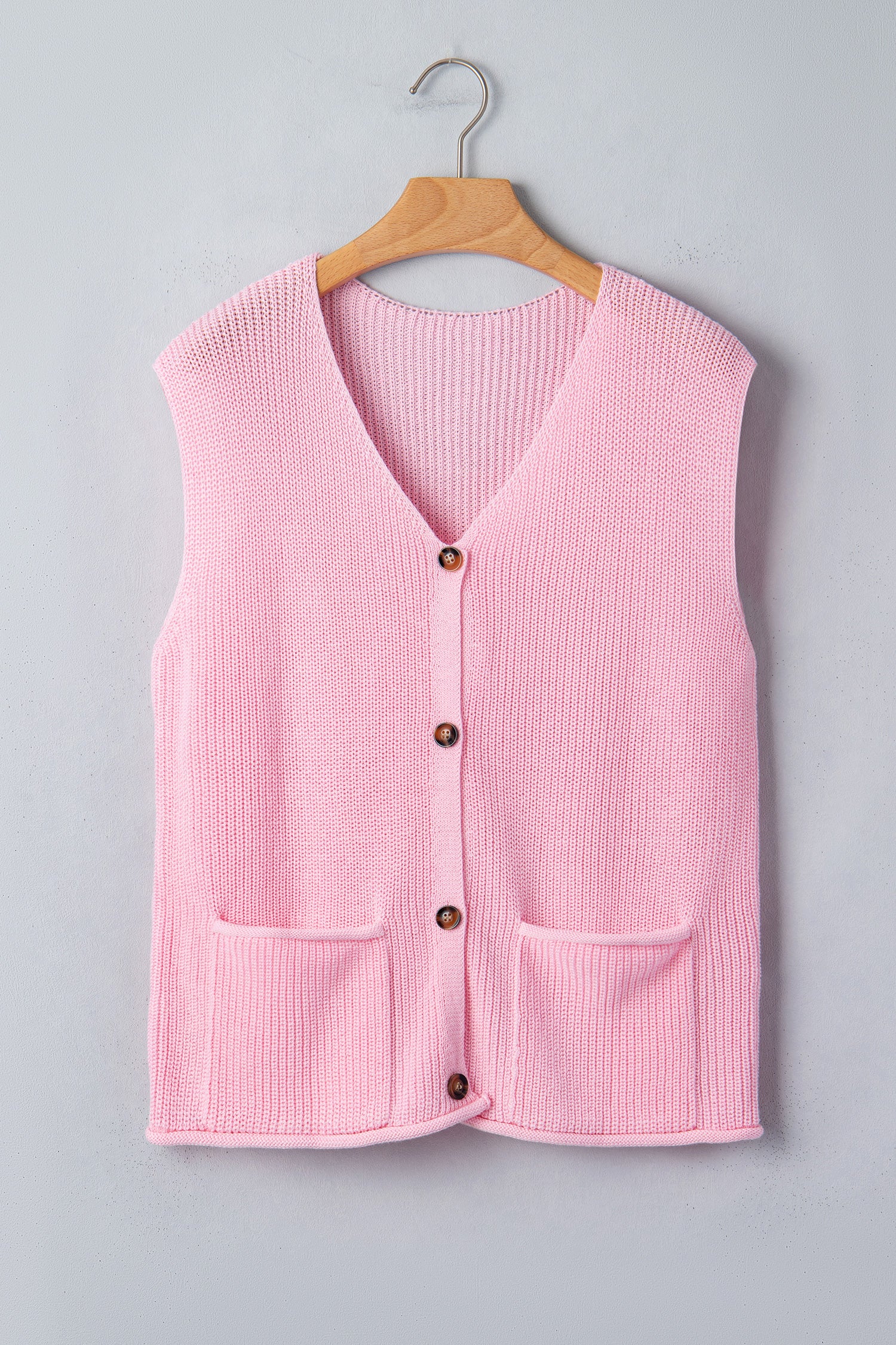 Pink Solid Color Knit V Neck Button Front Sweater Vest-TOPS / DRESSES-[Adult]-[Female]-2022 Online Blue Zone Planet