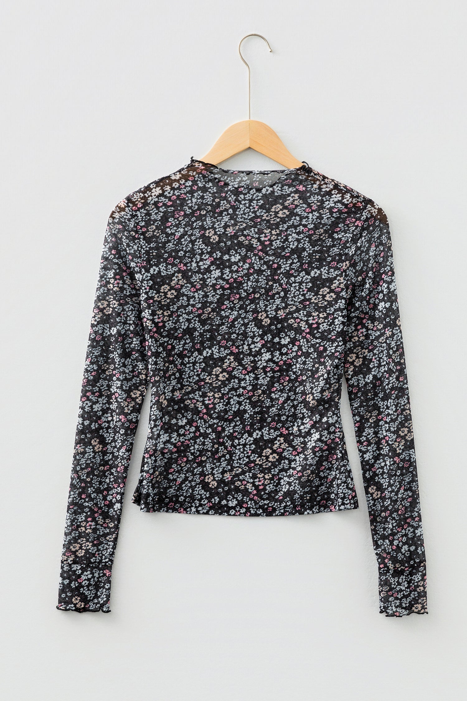Black Ditsy Floral Mesh Thumbhole Sleeve Slim Fit Top-Tops/Long Sleeve Tops-[Adult]-[Female]-2022 Online Blue Zone Planet