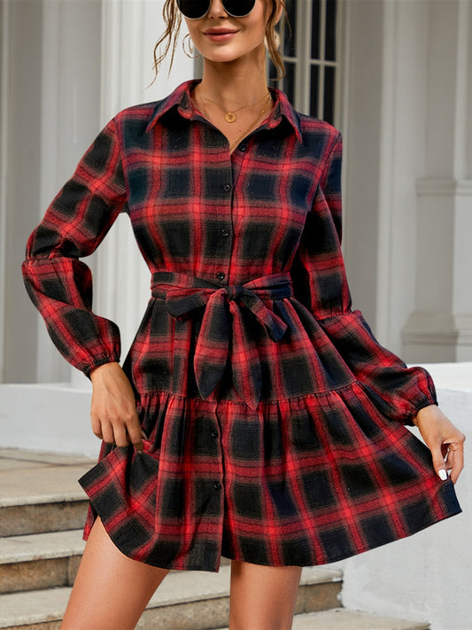 Blue Zone Planet | Tied Plaid Long Sleeve Mini Dress-TOPS / DRESSES-[Adult]-[Female]-Burgundy-S-2022 Online Blue Zone Planet