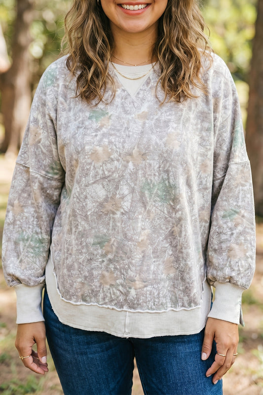 Khaki Camouflage Print Round Neck Long Sleeve Shift Plus Size Sweatshirt-Plus Size/Plus Size Sweatshirts & Hoodies-[Adult]-[Female]-Khaki-1X-2022 Online Blue Zone Planet