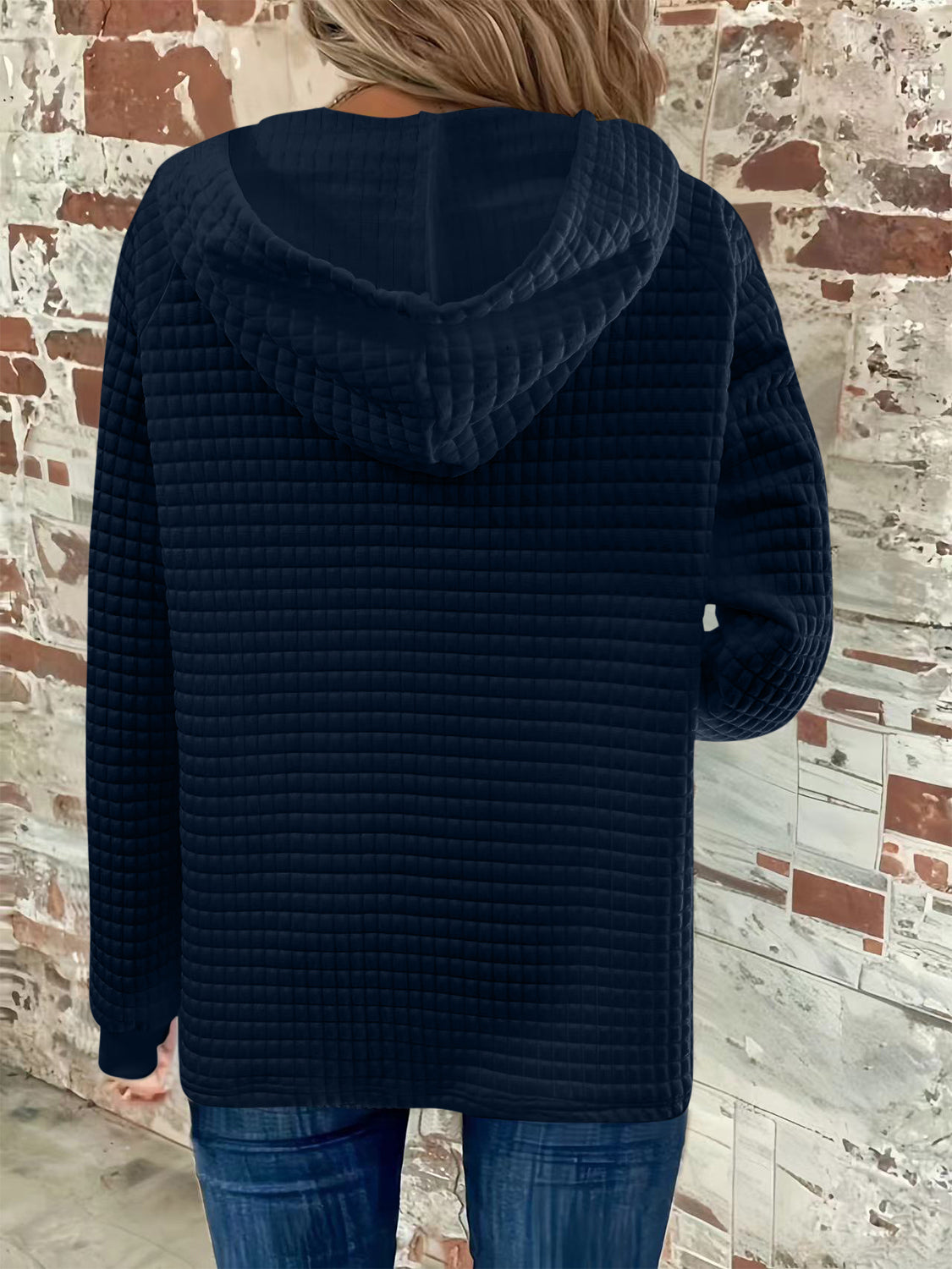 Full Size Texture Button Detail Drawstring Long Sleeve Hoodie-TOPS / DRESSES-[Adult]-[Female]-2022 Online Blue Zone Planet