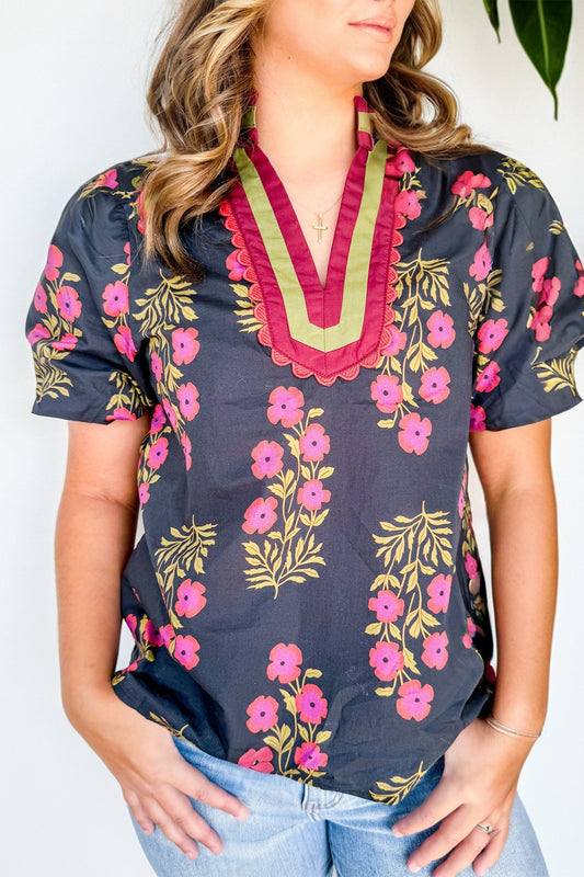 Black Plus Size Floral Print Ricrac Striped Trim Short Sleeve Cotton Blouse-Plus Size/Plus Size Tops/Plus Size Blouses & Shirts-[Adult]-[Female]-Black-1X-2022 Online Blue Zone Planet
