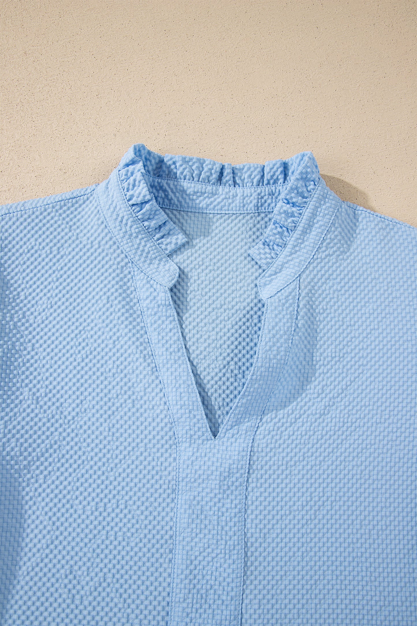 Beau Blue Flower Embroidered Puff Sleeve Split Neck Textured Blouse-Tops/Blouses & Shirts-[Adult]-[Female]-2022 Online Blue Zone Planet