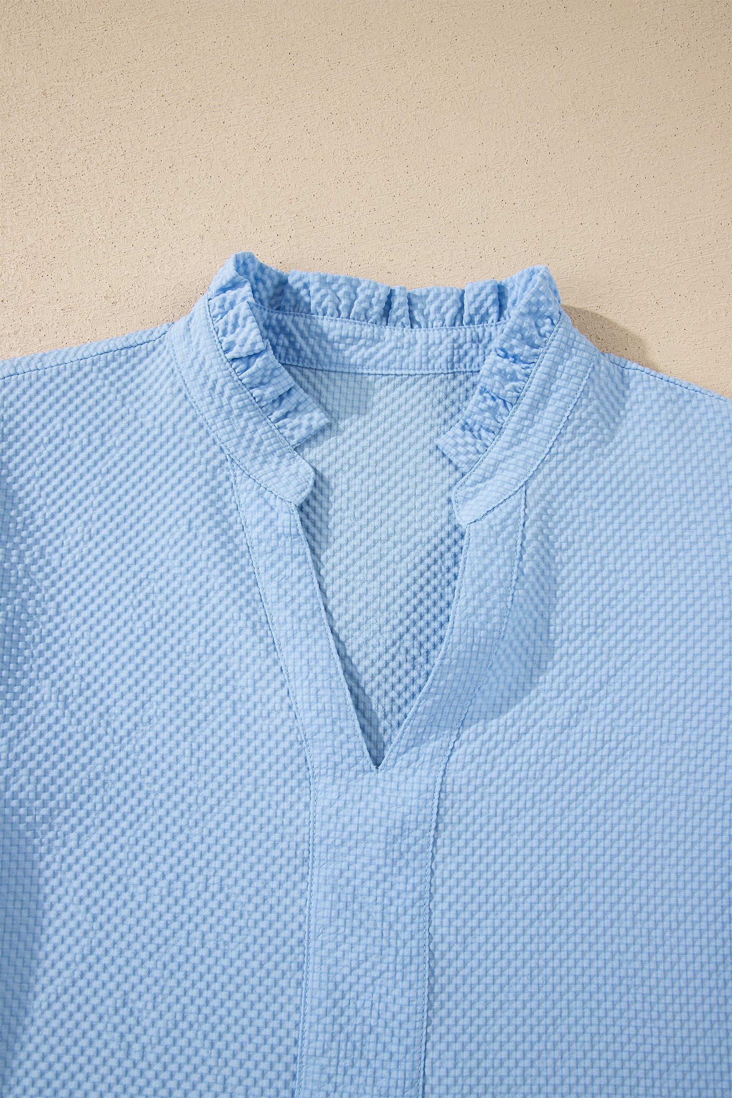 Beau Blue Flower Embroidered Puff Sleeve Split Neck Textured Blouse-Tops/Blouses & Shirts-[Adult]-[Female]-2022 Online Blue Zone Planet