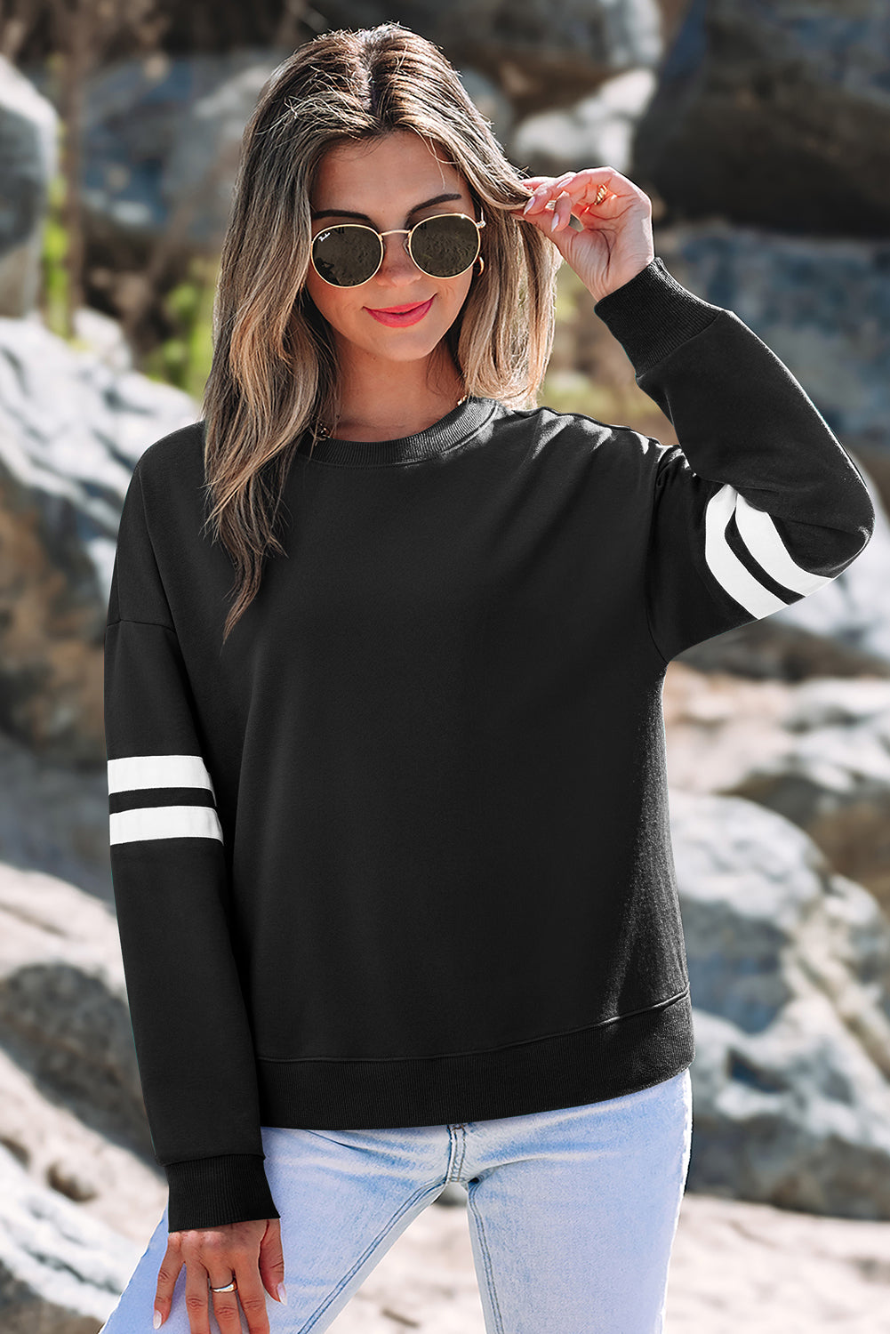 Black Varsity Striped Detail Drop Shoulder Oversized Sweatshirt-Tops/Sweatshirts & Hoodies-[Adult]-[Female]-2022 Online Blue Zone Planet