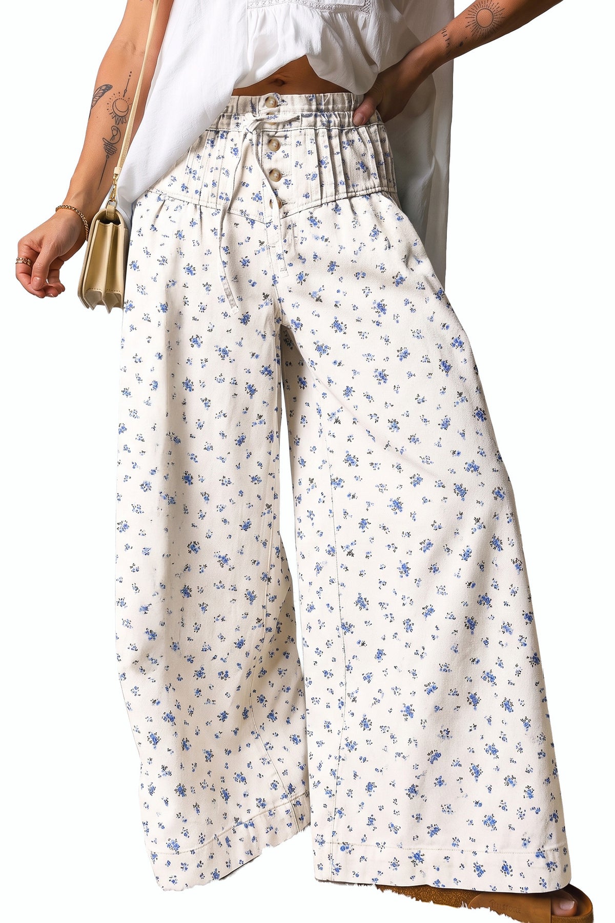 White Button Drawstring Pleated High Waist Floral Wide Leg Jeans